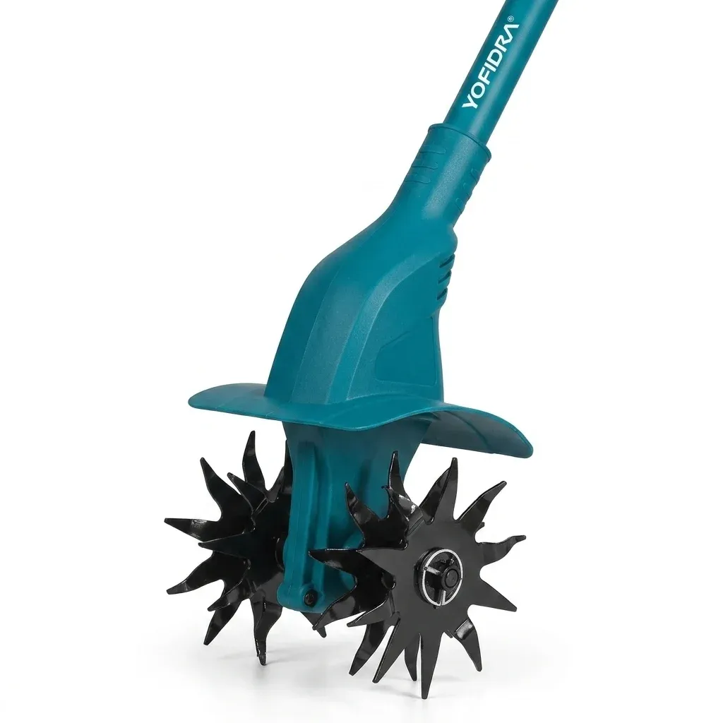 YOFIDRA Akku-Gartenfräse auf weißem Hintergrund