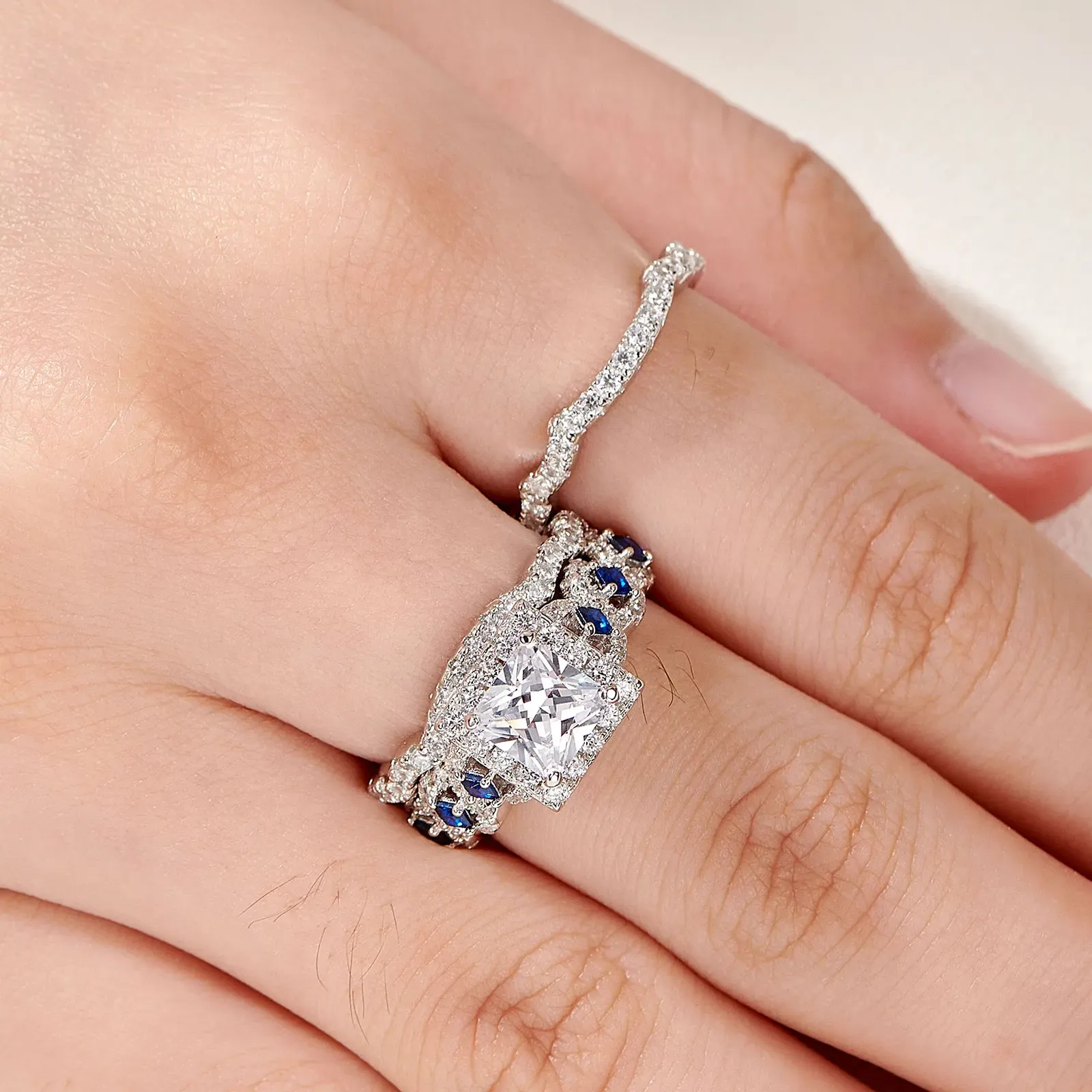 Newshe 3-teiliges Brautring-Set aus 925er Silber mit Prinzessschliff