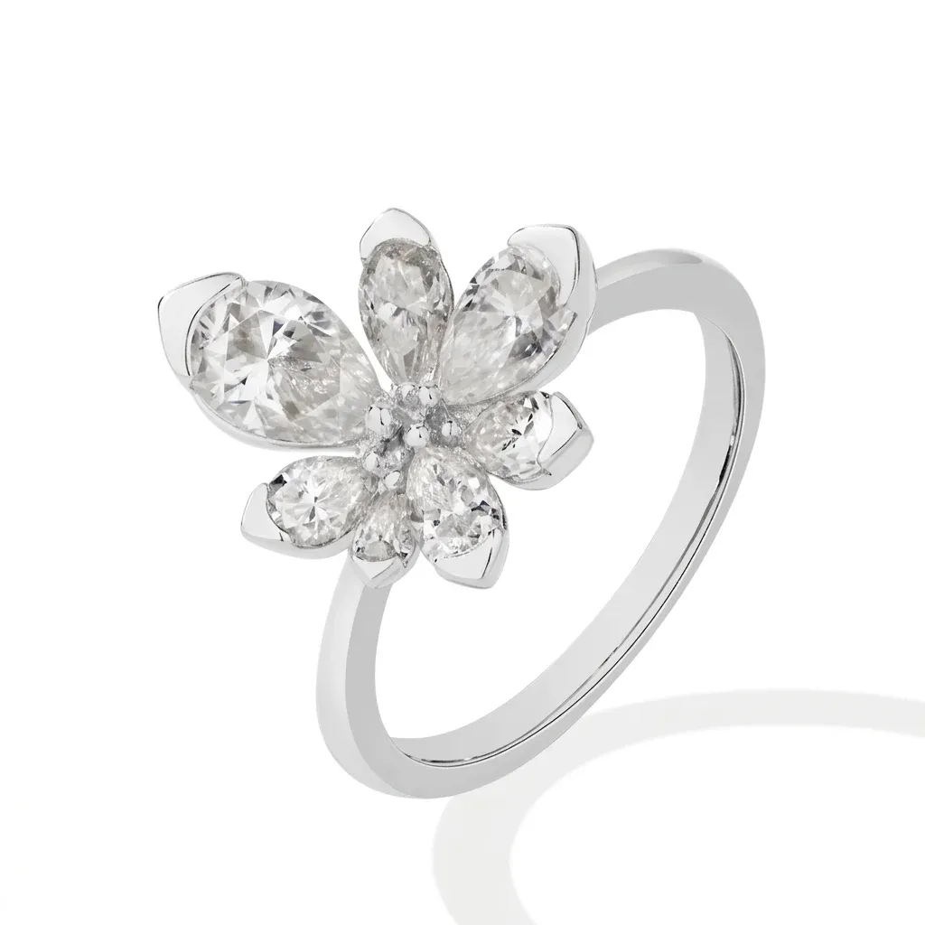 Silberner Moissanit-Blütenring mit fünf Tropfensteinen