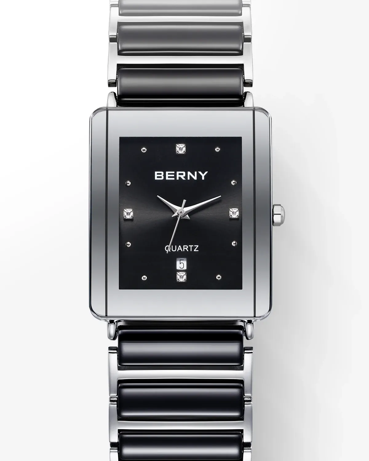 BERNY Rechteck-Quarzuhr mit Keramikband und Kalender