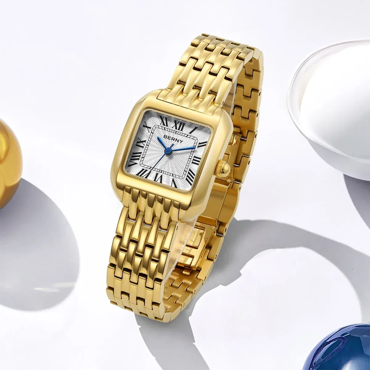 BERNY Damen-Quarzuhr in Gold mit quadratischem Edelstahlgehäuse