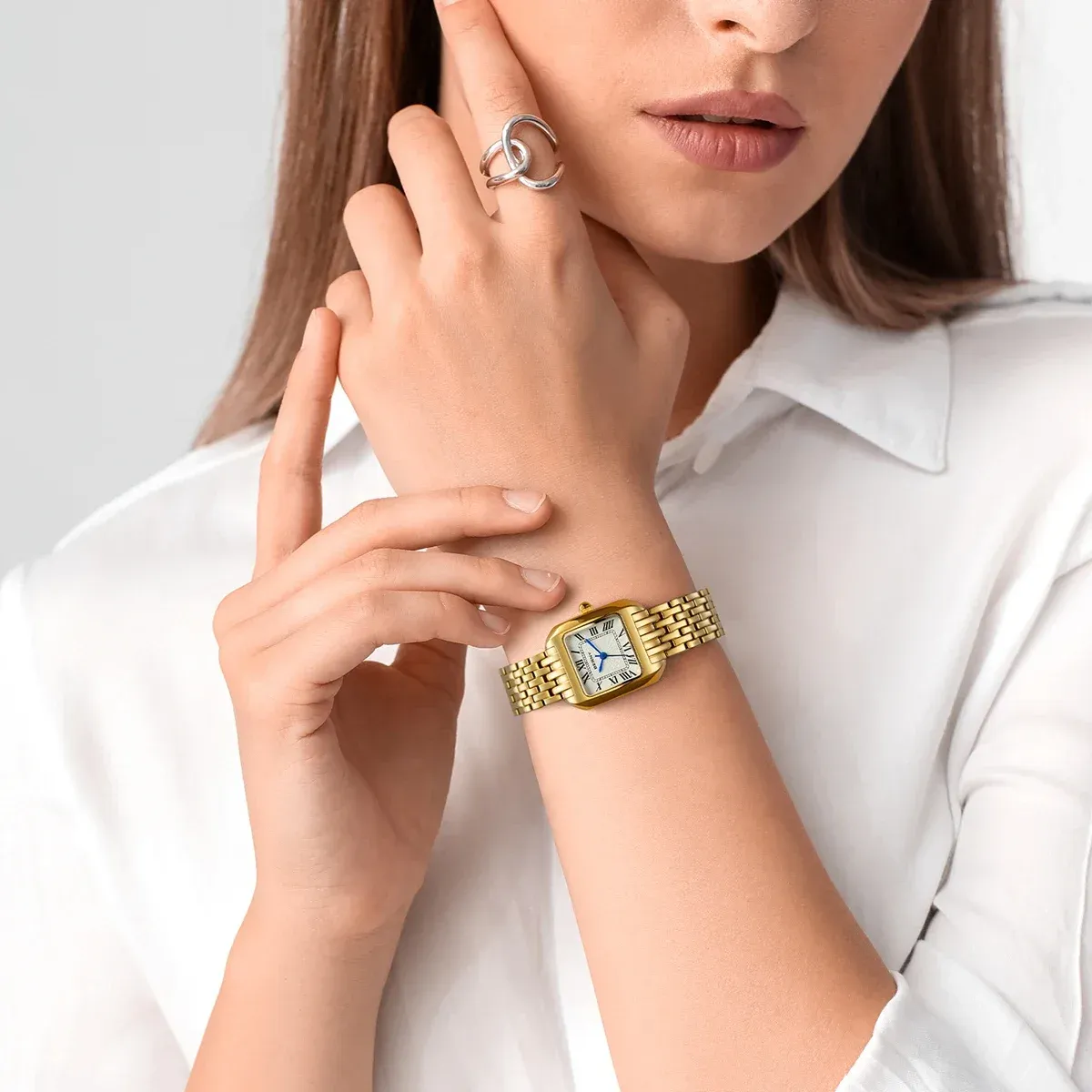 BERNY Damen-Quarzuhr in Gold mit quadratischem Edelstahlgehäuse