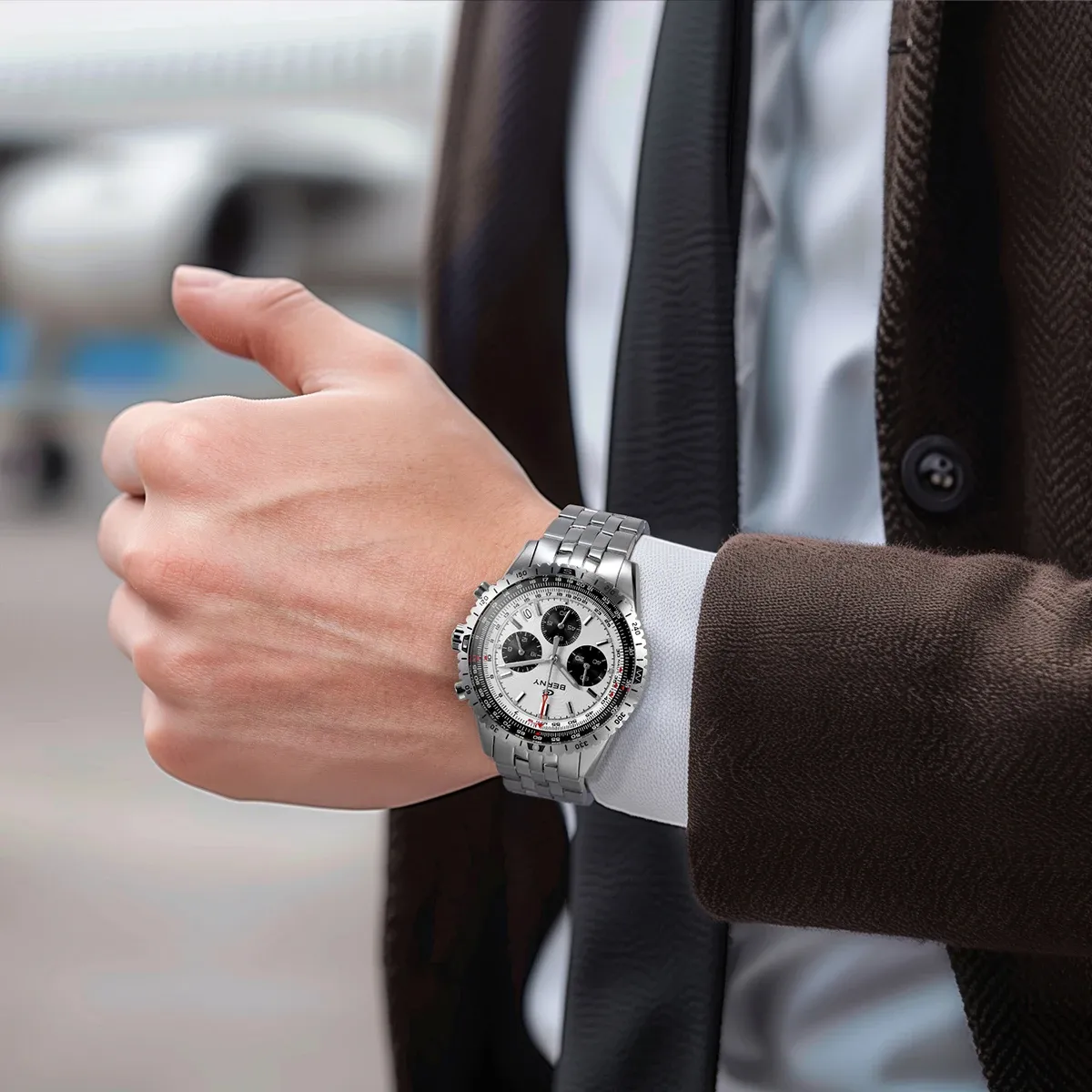 BERNY Herren-Quarzuhr mit Chronograph, Saphirglas und Edelstahlband