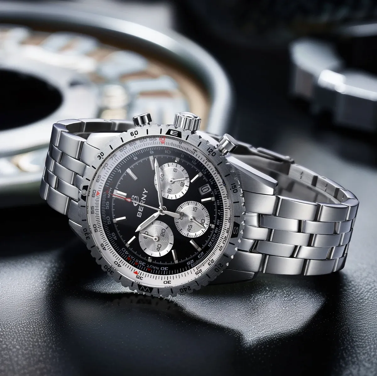 BERNY Herren-Quarzuhr mit Chronograph, Saphirglas und Edelstahlband