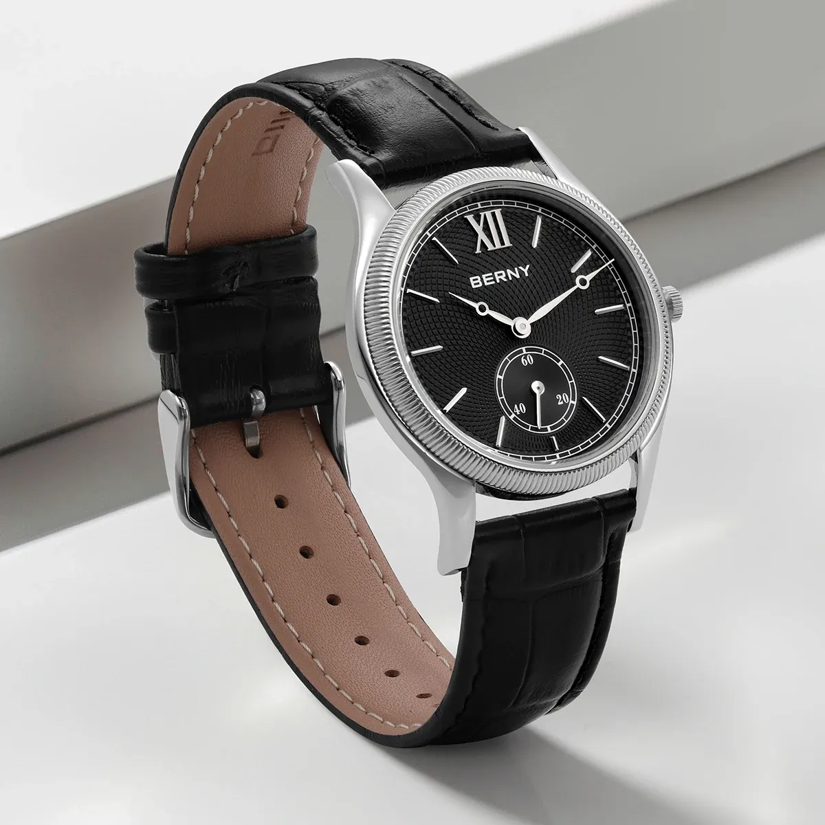 BERNY ultraflache Herren-Quarzuhr mit Lederband und 3ATM
