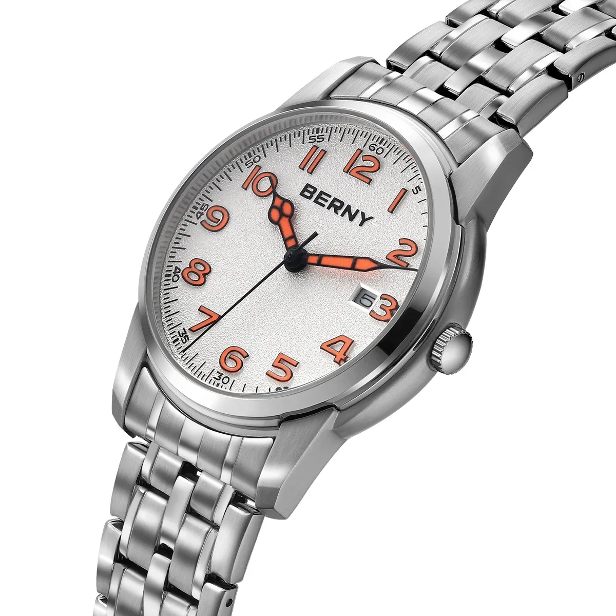 BERNY Herren-Quarzuhr mit Kalender, Leuchtzeigern und Edelstahlband
