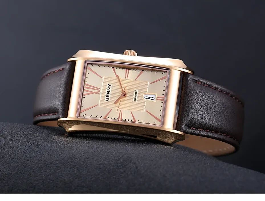 BERNY Herren-Quarzuhr im Rechteckdesign mit Lederband
