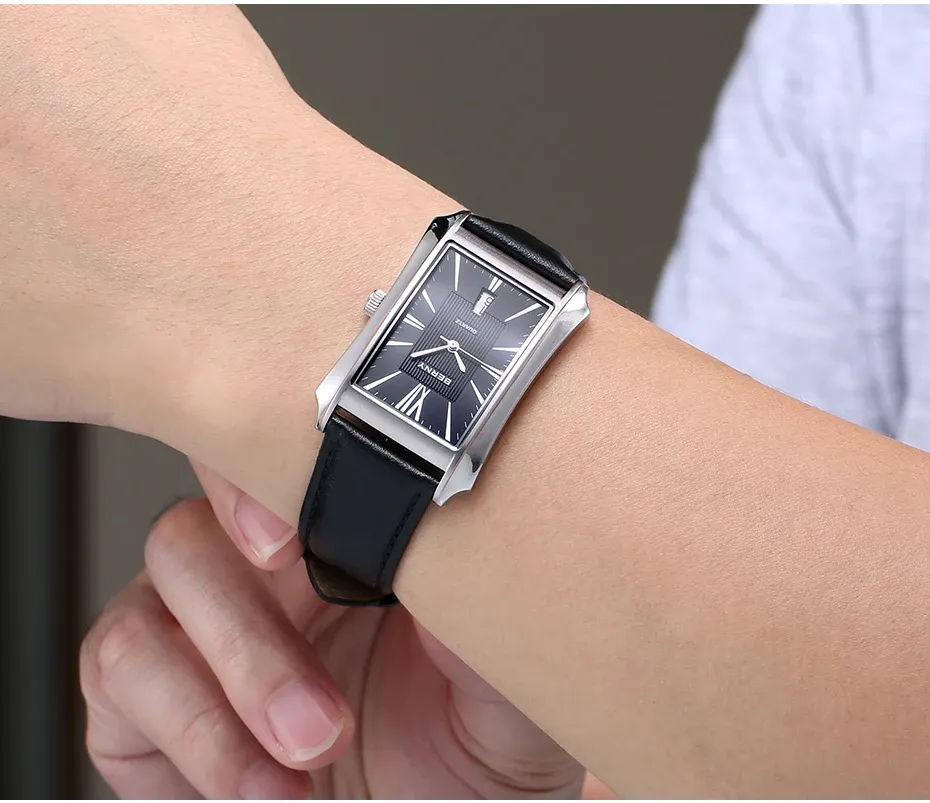 BERNY Herren-Quarzuhr im Rechteckdesign mit Lederband