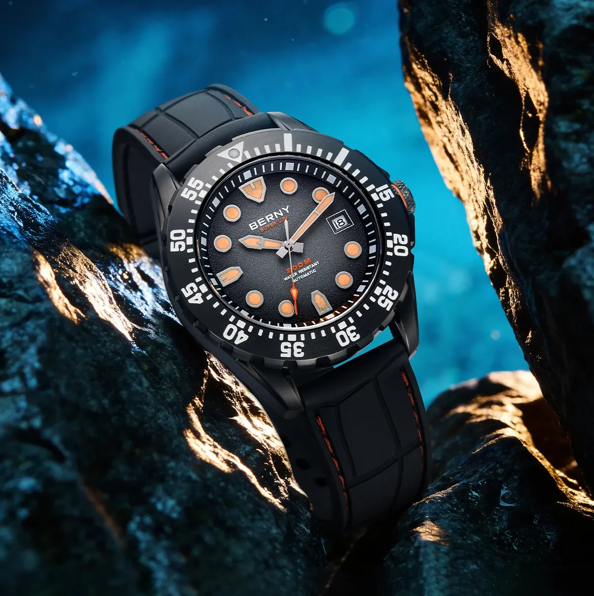 BERNY Automatik-Taucheruhr mit Frostzifferblatt und Saphirglas