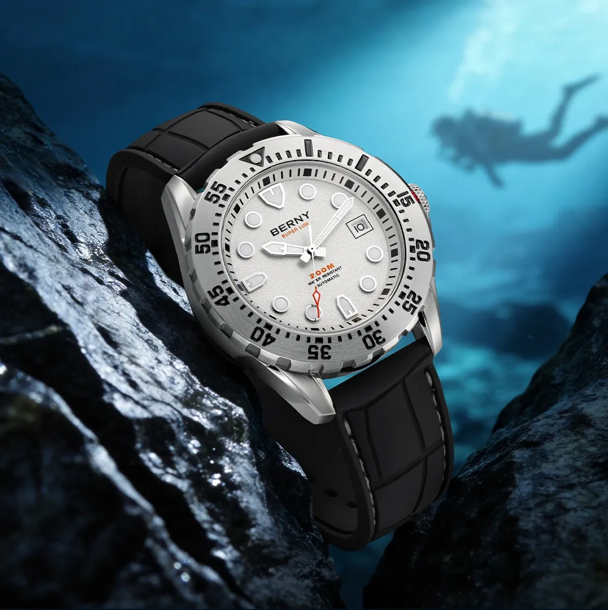 BERNY Automatik-Taucheruhr mit Frostzifferblatt und Saphirglas