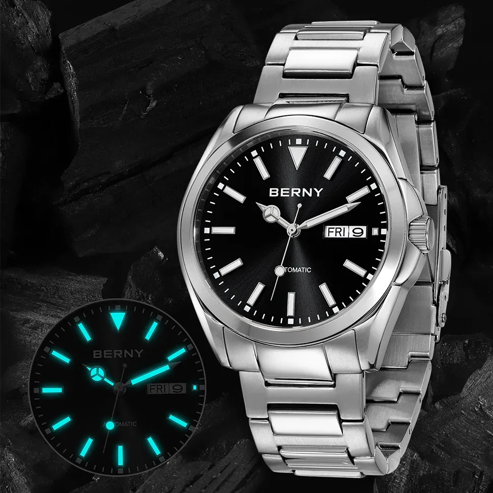 BERNY Automatikuhr für Herren mit Saphirglas, Wochentagsanzeige und Edelstahlgehäuse