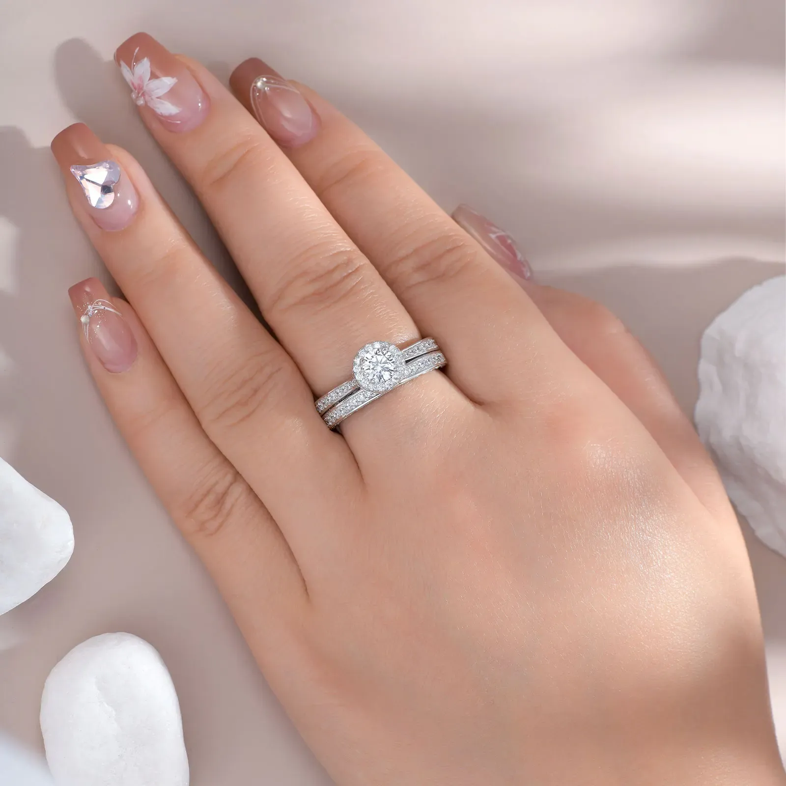 Newshe Brautring-Set aus 925er Silber mit Rundzirkonia