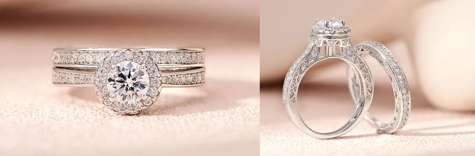 Newshe Brautring-Set aus 925er Silber mit Rundzirkonia