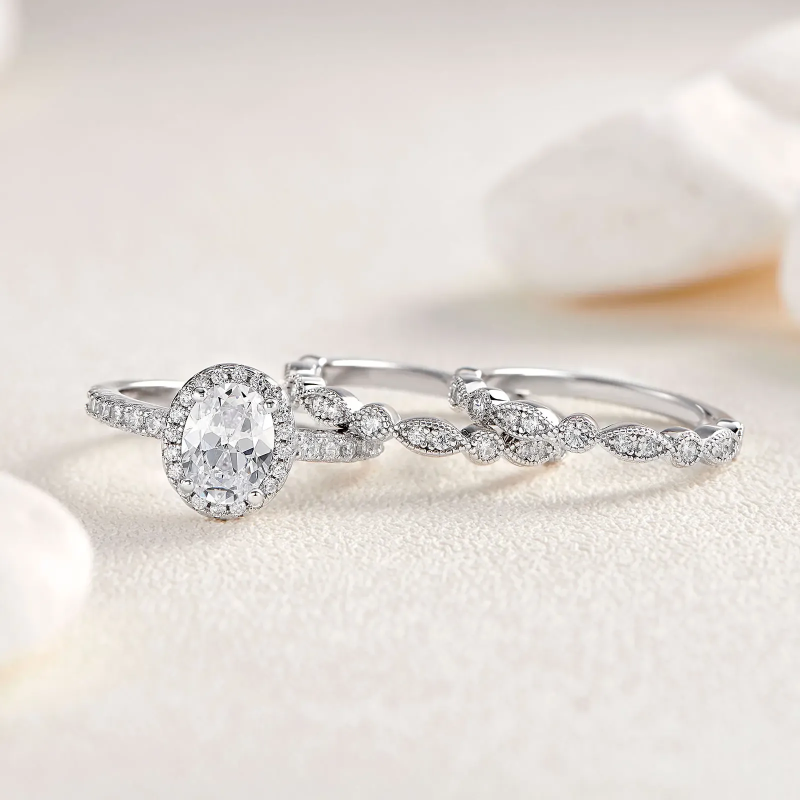 Newshe 3-teiliges Brautring-Set aus 925er Silber mit Oval-Zirkonia