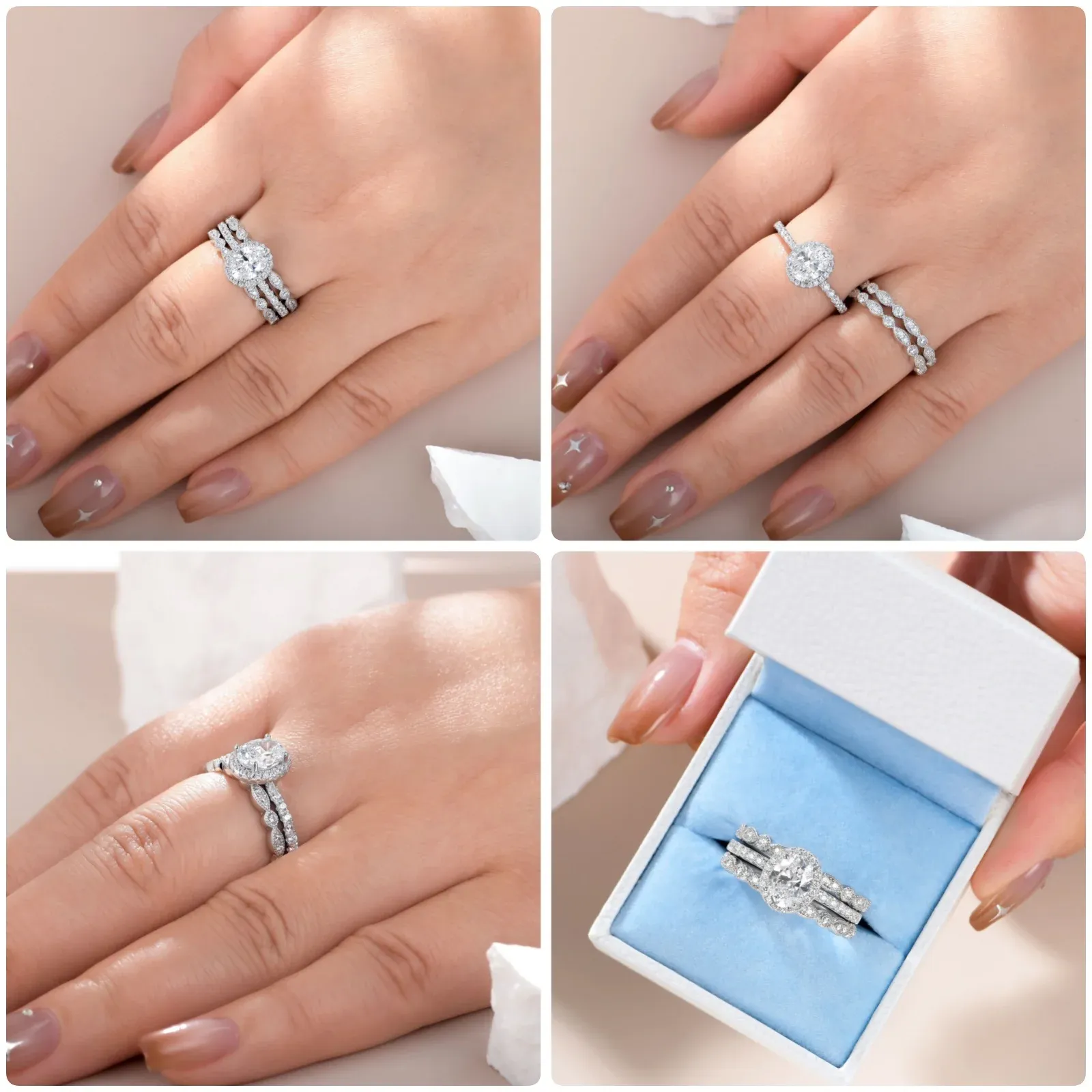 Newshe 3-teiliges Brautring-Set aus 925er Silber mit Oval-Zirkonia