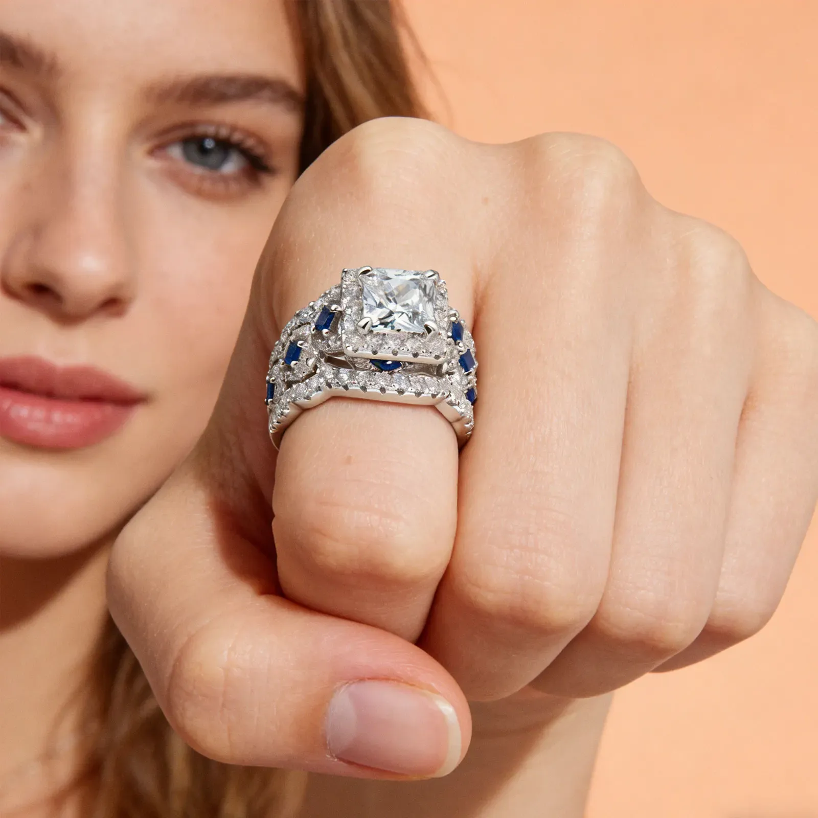 Zertifiziertes Moissanit-Brautset aus 925er Silber mit Prinzessschliff