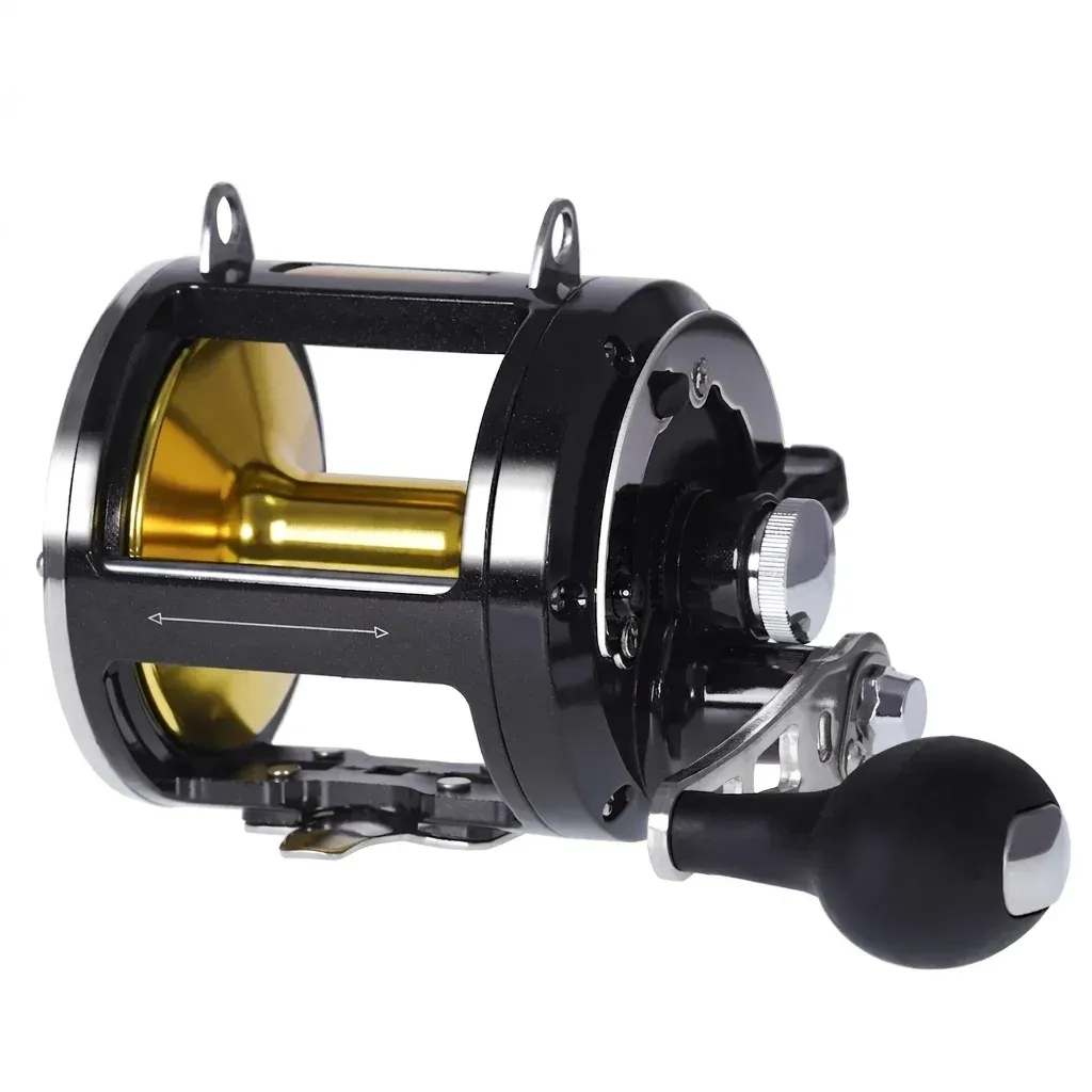 Vollaluminium-Trollingrolle mit goldener Spule