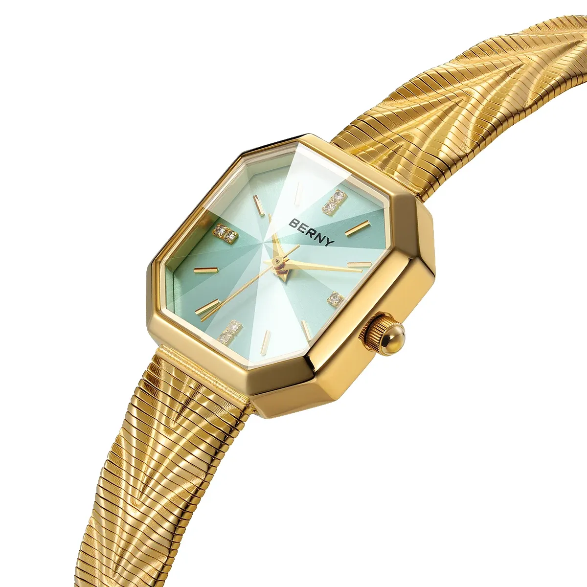 BERNY Damen-Quarzuhr in Gold mit oktagonalem Edelstahlgehäuse