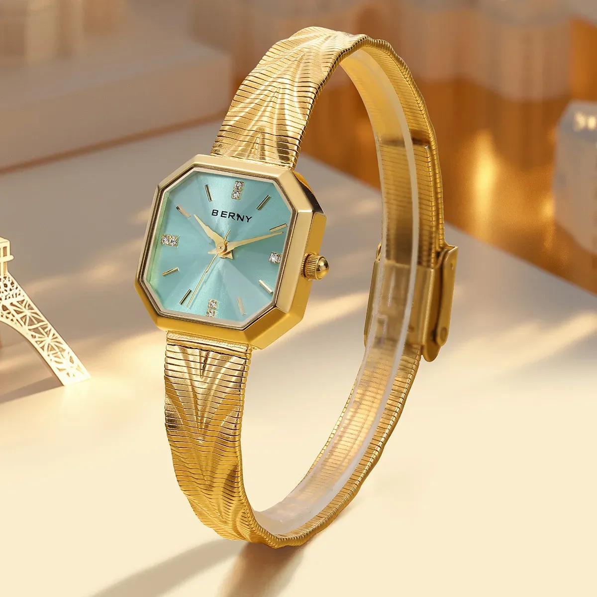 BERNY Damen-Quarzuhr in Gold mit oktagonalem Edelstahlgehäuse