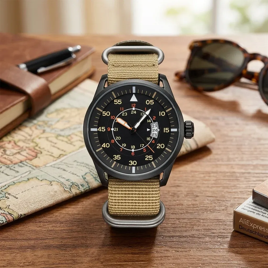 שעון ADDIESDIVE שחור עם רצועת ניילון חאקי