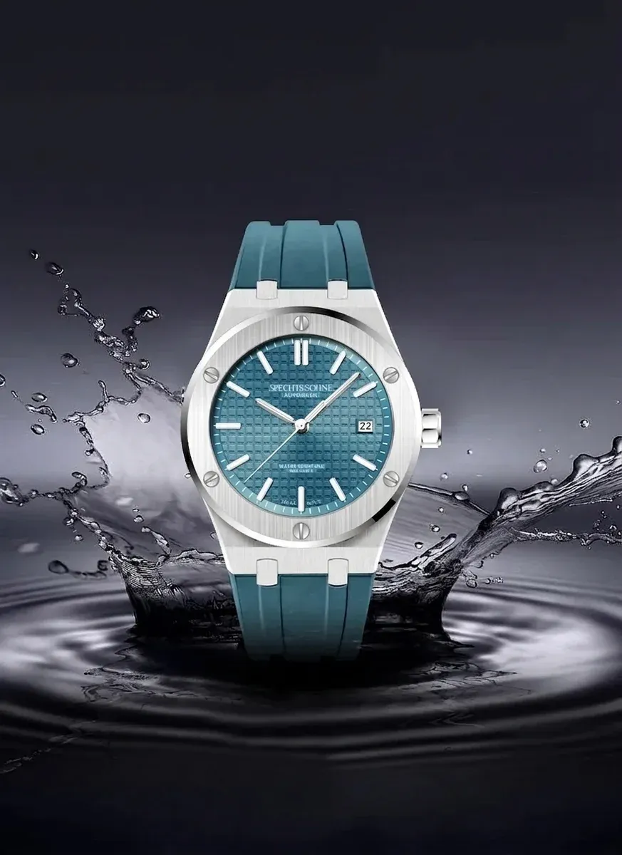 Tealblaue Automatik-Sportuhr mit Silbergehäuse