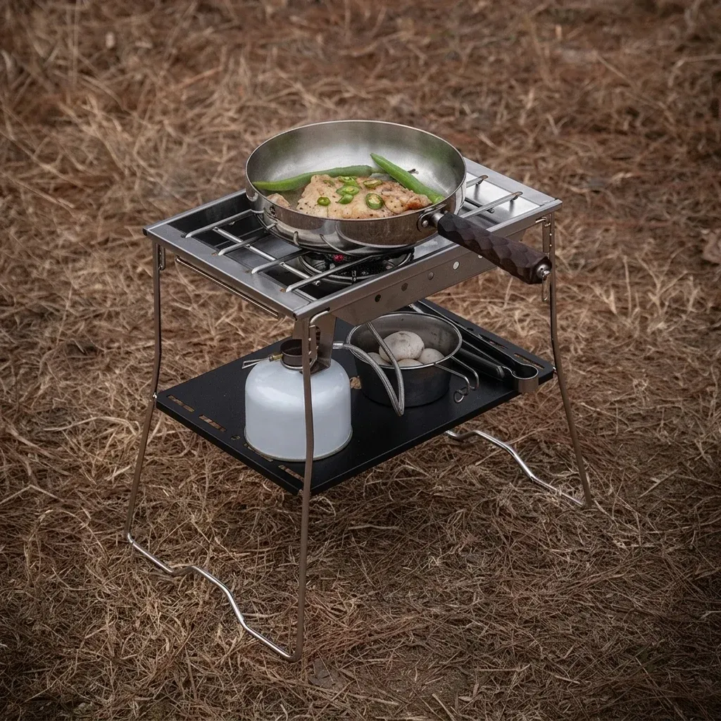 Campingküche aus Edelstahl mit integriertem Brenner