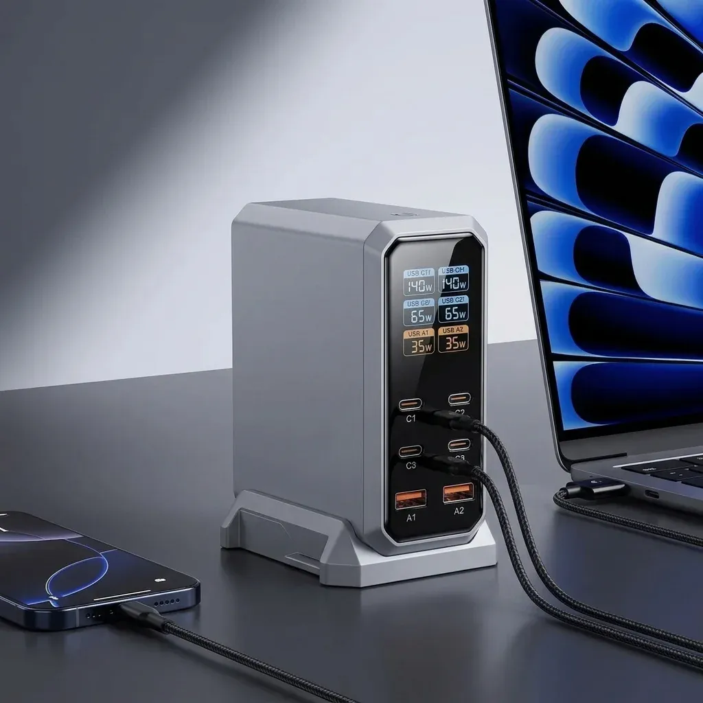 מטען GaN שולחני 240W עם תצוגה