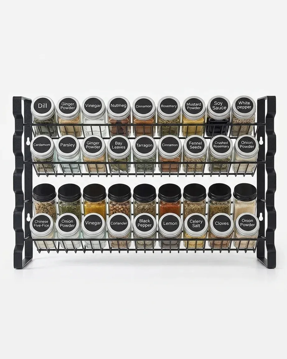 Gewürzregal mit Glasdosen und Etiketten