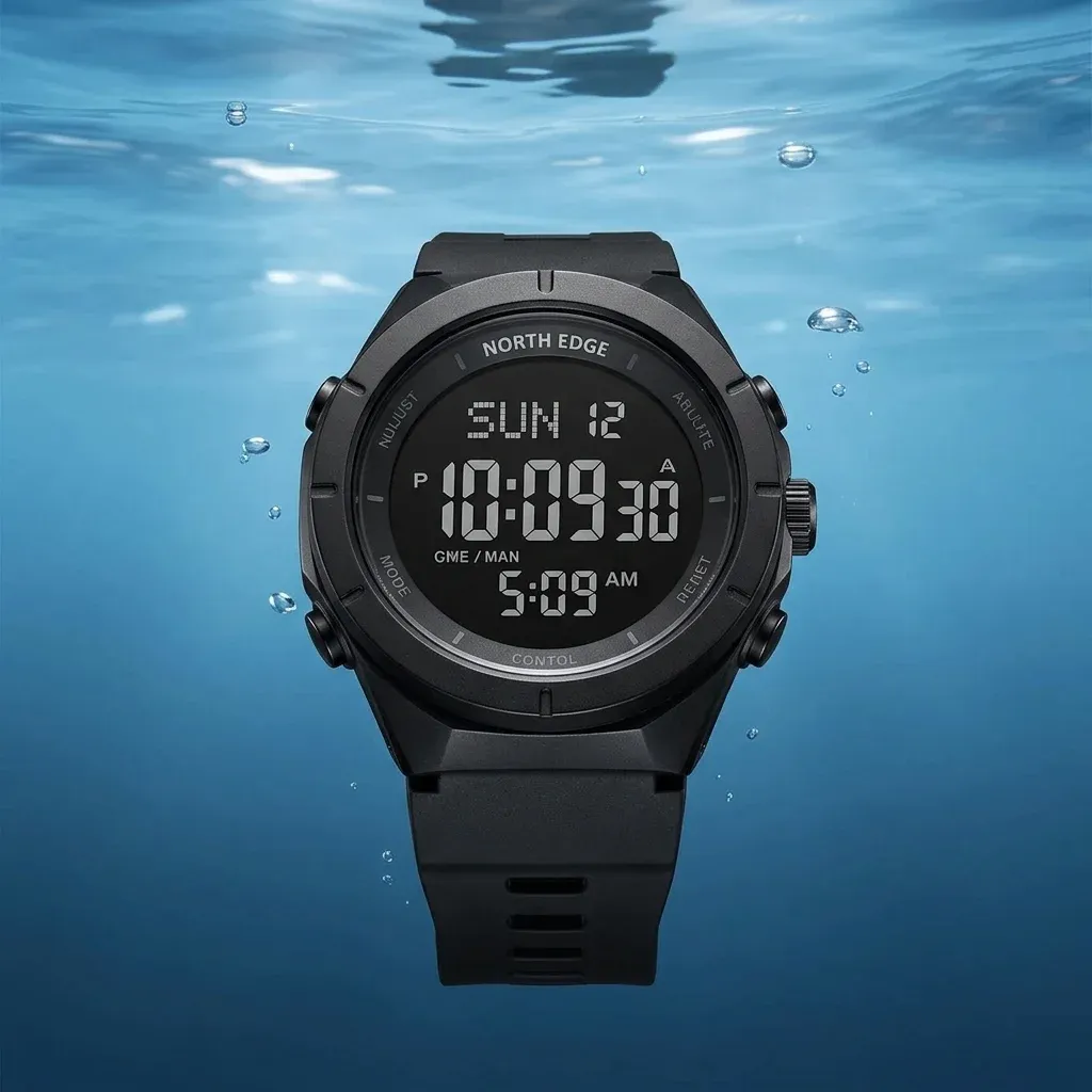 Schwarze digitale Herren-Militäruhr im Studio