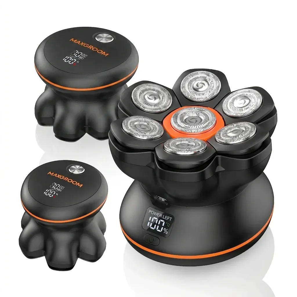 MAXGROOM Rotationsrasierer schwarz orange Studiofoto