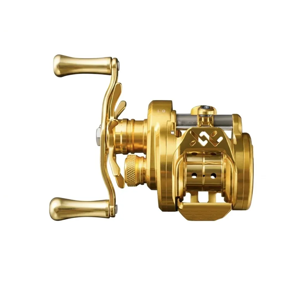 Goldene B51MC Baitcastrolle Seitenansicht