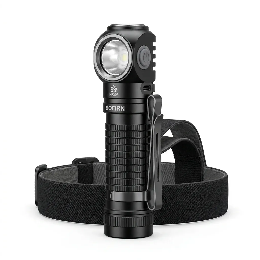 Sofirn HS45 Stirnlampe auf weißem Hintergrund