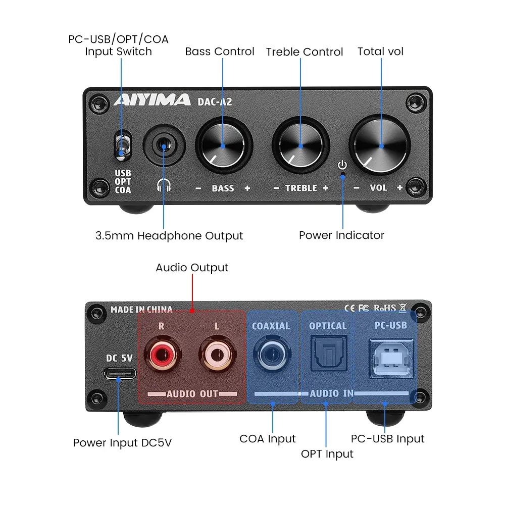 AIYIMA DAC-A2 USB-DAC mit Kopfhörerverstärker und Line-Out