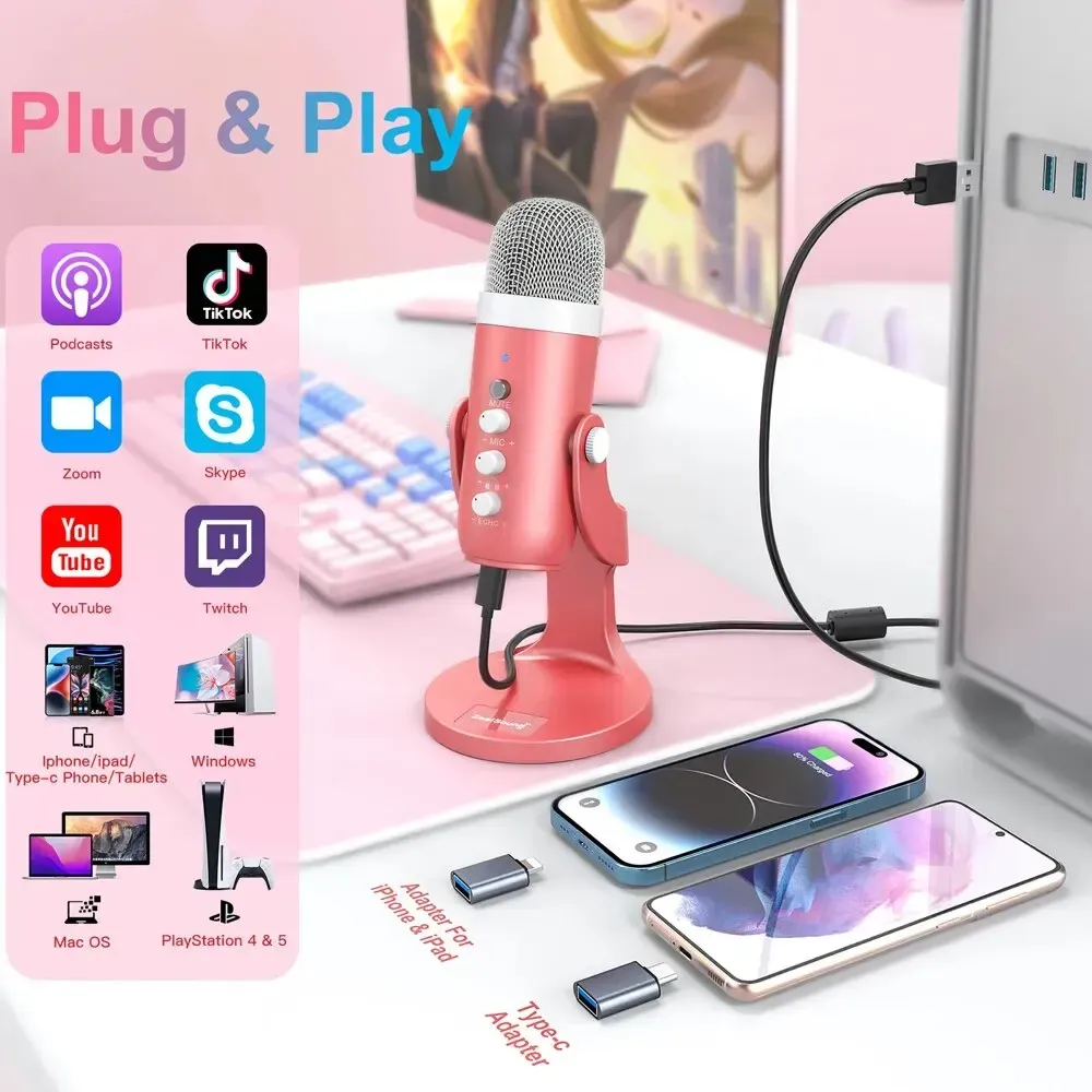 Haomuren Pink USB-Kondensatormikrofon für Streaming und PC