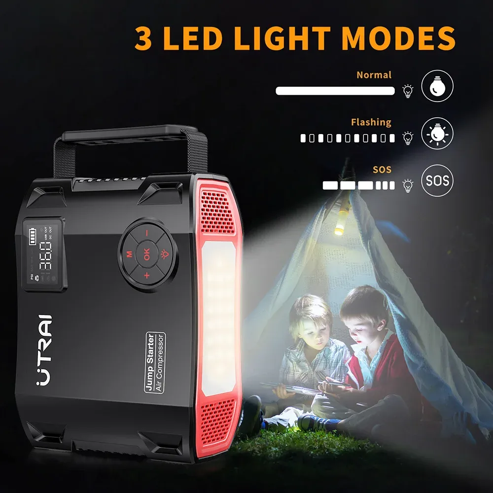 4-in-1 Starthilfe-Kompressor mit Powerbank und LED-Licht