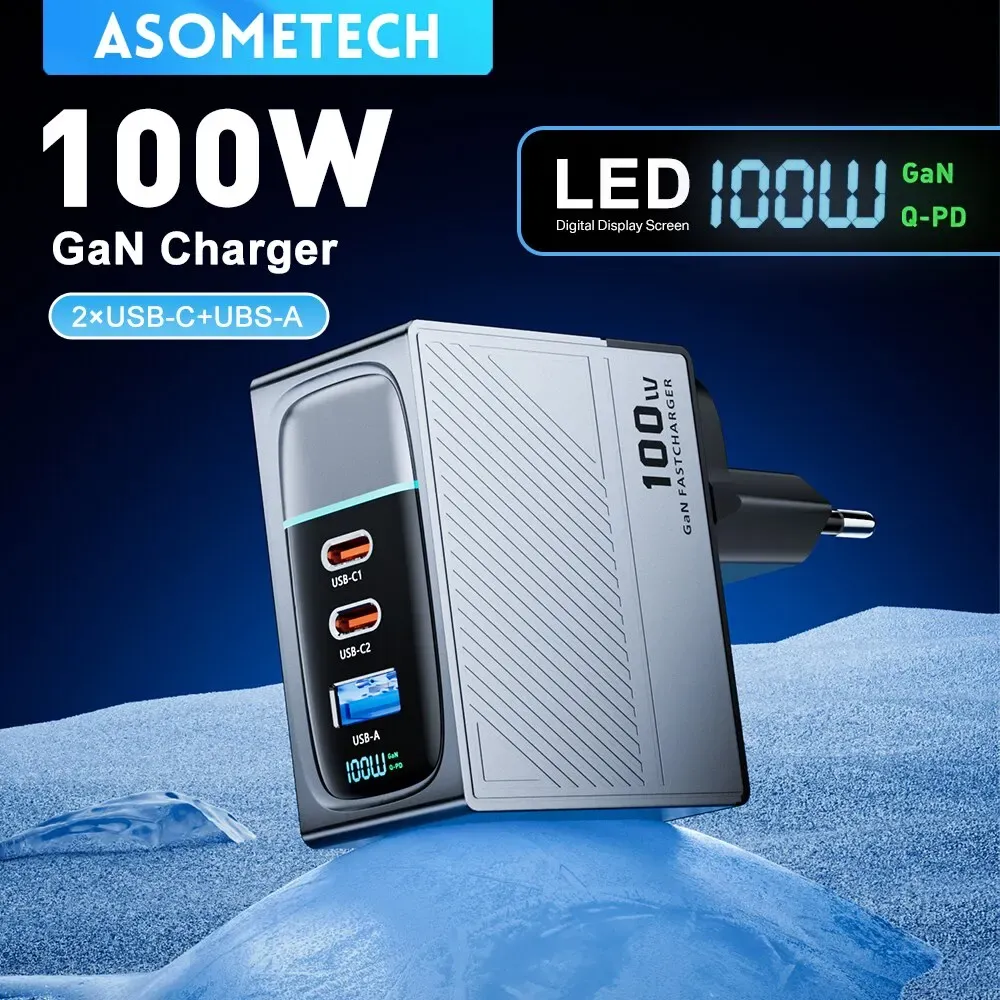 ASOMETECH 100W GaN Schnellladegerät mit Display und 3 Ports